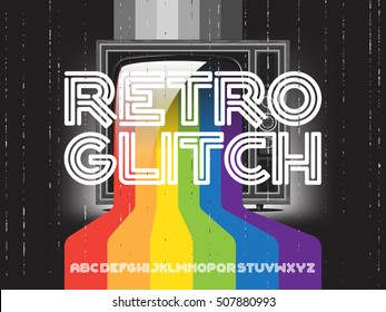 Retro Glitch Tv With Rainbow And Font Set. Color Paint Flows From Screen. Vector Concept Illustration