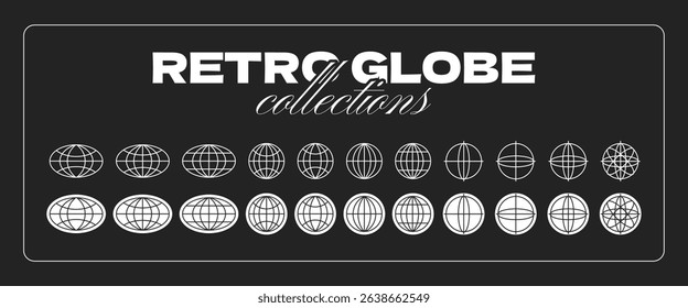 Retro Globe Collection - Abstract Geometric Symbols in Y2K Style for Design. Futuristic Elements for Logos, Posters, and Graphics