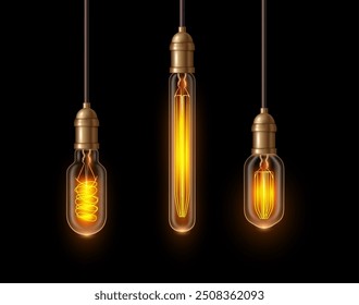 Retro glowing lamps interior design elements on black. Vector realistic electricity light bulbs, antique ceiling indoor or outdoor lamps with yellow light. Antique style light equipment