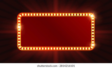 Retro Glowing Marquee Light Frame Banner with Vintage Theater Bulb Border Blank Signboard Template for Cinema Casino Show Vector Illustration