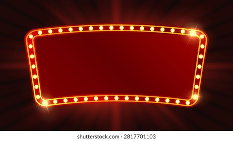 Retro Glowing Marquee Sign Frame with Vintage Light Bulbs Red Theater Banner and Cinema Billboard Vector Illustration