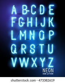 Retro Glowing Neon Blue Sign Letters. Vector Alphabet.