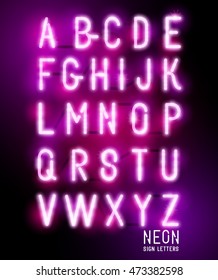 Retro Glowing Neon Pink Sign Letters. Vector Alphabet.