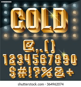 Conjunto de números y símbolos retro de oro vectorial brillante en forma de condensación