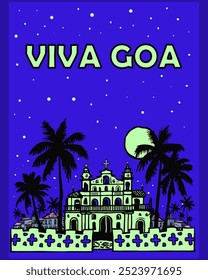 Retro Goa Nightscape - Viva Goa Vector Poster with Palm Trees and Historic Architecture. This emphasizes the vibrant and retro aesthetic, the night setting, and the specific Goa elements - palm trees,