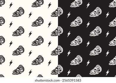 retro goat skull bone seamless pattern on black white background for adventure merchandise.  doodle curved horns with skull pattern background. pattern of animal skull with big horn vector background