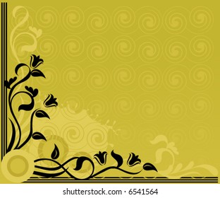 Retro gold background with swirls and foliage.