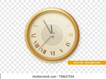 Retro gold clock, five minutes to midnight. Watch isolated on transparent background