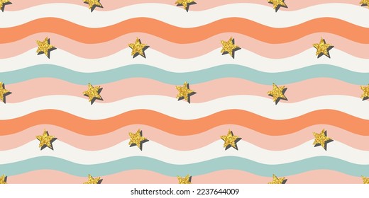 Retro gold glitter star seamless pattern. Vintage y2k background with pastel color stars. Luxury party celebration wallpaper print, birthday wrapping paper backdrop.