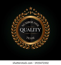 Retro gold guarantee badge with text on a wreath isolated on a black background