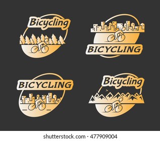 Retro gold logo bicycling. Vector bicycle and cyclist. 