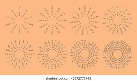 Retro gold simple round sun, sunburst, shine, firework, bursting shapes. Line abstract radial badges for logotype, frame collection.