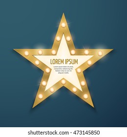 Retro Gold Star Light Vintage Frame, Banner. Retro Movie Vector Illustration