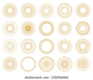 Retro Gold Sun Burst Shapes. Vintage Light Starburst Logo, Labels, Badges. Golden Burst Rays Collection. Vector Firework Design Elements