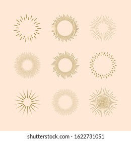 Retro gold Sun burst shapes. Vintage light starburst labels, badges. Sunburst minimal logo frames. Vector firework design elements isolated.