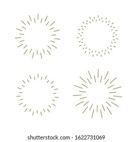 Retro gold Sun burst shapes. Vintage light starburst labels, badges. Sunburst minimal logo frames. Vector firework design elements isolated.