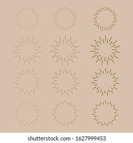 Retro gold Sun burst shapes. Vintage light starburst labels, badges. Sunburst minimal logo frames. Vector firework design elements isolated.