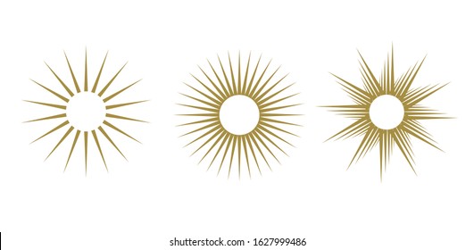 Retro gold Sun burst shapes. Vintage light starburst labels, badges. Sunburst minimal logo frames. Vector firework design elements isolated.