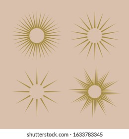 Retro gold Sun burst shapes. Vintage light starburst labels, badges. Sunburst minimal logo frames. Vector firework design elements isolated.