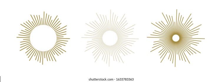 Retro gold Sun burst shapes. Vintage light starburst labels, badges. Sunburst minimal logo frames. Vector firework design elements isolated.