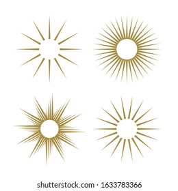 Retro Gold Sun Burst Shapes. Vintage Light Starburst Labels, Badges. Sunburst Minimal Logo Frames. Vector Firework Design Elements Isolated.