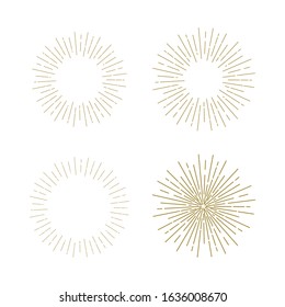 Retro gold Sun burst shapes. Vintage light starburst labels, badges. Sunburst minimal logo frames. Vector firework design elements isolated.