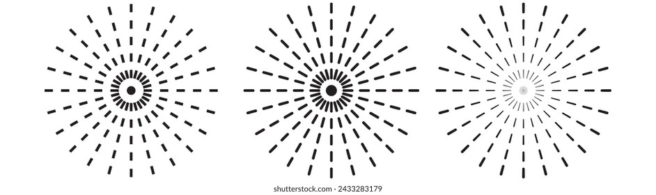 Retro gold Sun burst shapes. Vintage light starburst logo, labels, badges. Sunburst minimal logo frames. Vector firework design elements.