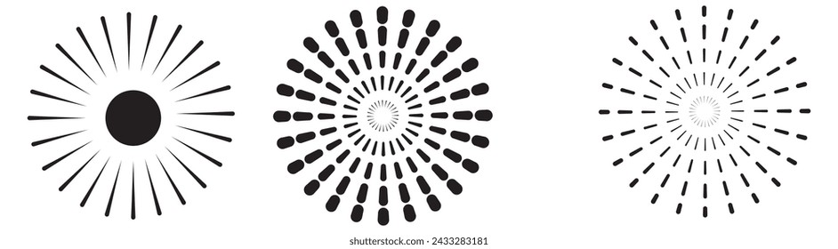 Retro gold Sun burst shapes. Vintage light starburst logo, labels, badges. Sunburst minimal logo frames. Vector firework design elements.