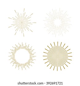 Retro gold Sun burst shapes. Vintage light starburst logo, labels, badges. Sunburst minimal logo frames. Vector firework design elements. 