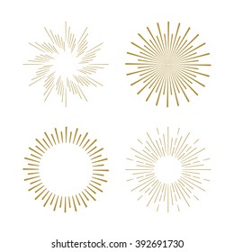 Retro Gold Sun Burst Shapes. Vintage Light Starburst Logo, Labels, Badges. Sunburst Minimal Logo Frames. Vector Firework Design Elements. 