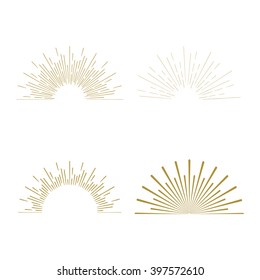 Retro Gold Sun Burst Shapes. Vintage Light Starburst Logo, Labels, Badges. Sunburst Minimal Logo Frames. Vector Firework Design Elements. 