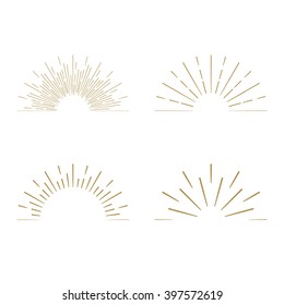 Retro Gold Sun Burst Shapes. Vintage Light Starburst Logo, Labels, Badges. Sunburst Minimal Logo Frames. Vector Firework Design Elements. 