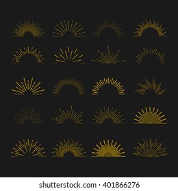 Retro Gold Sun Burst Shapes. Vintage Light Starburst Logo, Labels, Badges. Sunburst Minimal Logo Frames. Vector Firework Design Elements. 