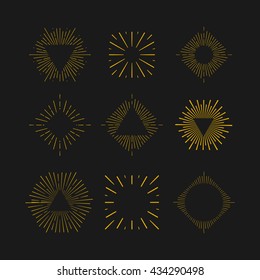 Retro gold Sun burst shapes. Vintage light starburst logo, labels, badges. Sunburst minimal logo frames. Vector firework design elements. 