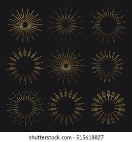 Retro Gold Sun Burst Shapes. Vintage Light Starburst Logo, Labels, Badges. Sunburst Minimal Logo Frames. Vector Firework Design Elements.