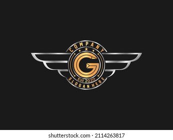 Retro Gold wings badge with letter G . vintage logo vector design element