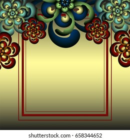 Retro golden background frame card with three-dimensional flowers