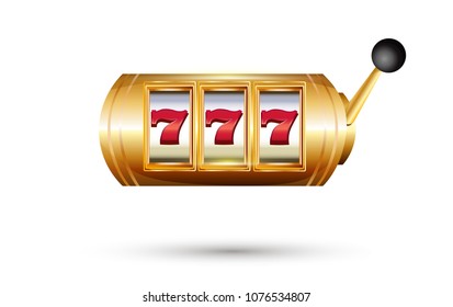 Retro golden casino machine with lucky seven signs isolated on white background. Slot machine with jackpot. Vector illustration.