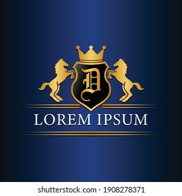 Retro Golden Crest With Shield And Two Horses. Can Be Used As Logo, Emblem Or Banner For Luxury, Royal Or Vintage Design Concept.