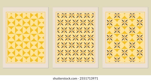 Retro Golden geometric vector trendy pattern backgrounds set - stylish Bauhaus inspirations for branding.