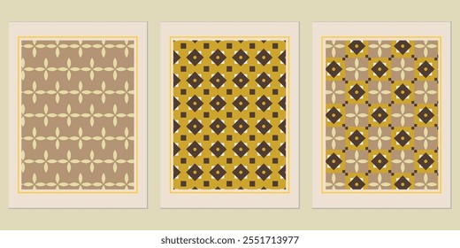 Retro Golden geometric vector trendy pattern backgrounds set - refined Bauhaus accents for decor.