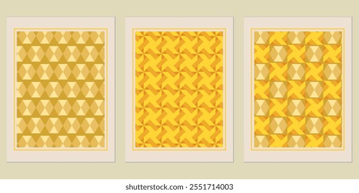 Retro Golden geometric vector trendy pattern backgrounds set - modern Bauhaus inspirations for interiors.