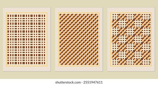 Retro Golden geometric vector trendy pattern backgrounds set - Bauhaus-inspired golden accents for interiors.