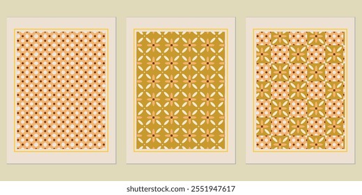 Retro Golden geometric vector trendy pattern backgrounds set - elegant Bauhaus-inspired designs for homes.