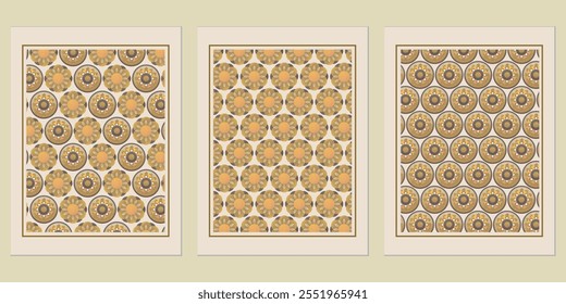 Retro Golden geometric vector trendy pattern backgrounds set - Bauhaus-inspired designs for stylish decor.