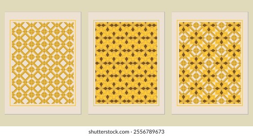 Retro Golden geometric vector trendy pattern backgrounds set - timeless Bauhaus styles for interiors.