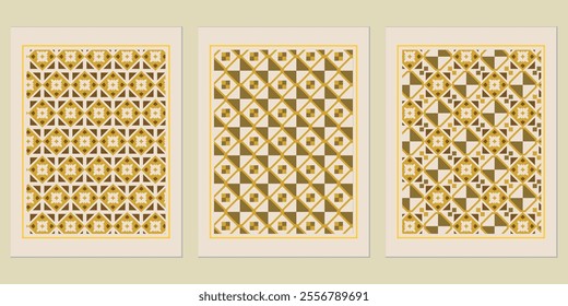 Retro Golden geometric vector trendy pattern backgrounds set - chic solutions for creative branding.