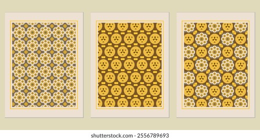 Retro Golden geometric vector trendy pattern backgrounds set - chic Bauhaus themes for interiors.