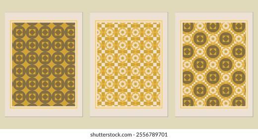 Retro Golden geometric vector trendy pattern backgrounds set - inspired by Bauhaus art for decor.