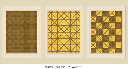 Retro Golden geometric vector trendy pattern backgrounds set - minimal Bauhaus-inspired designs.